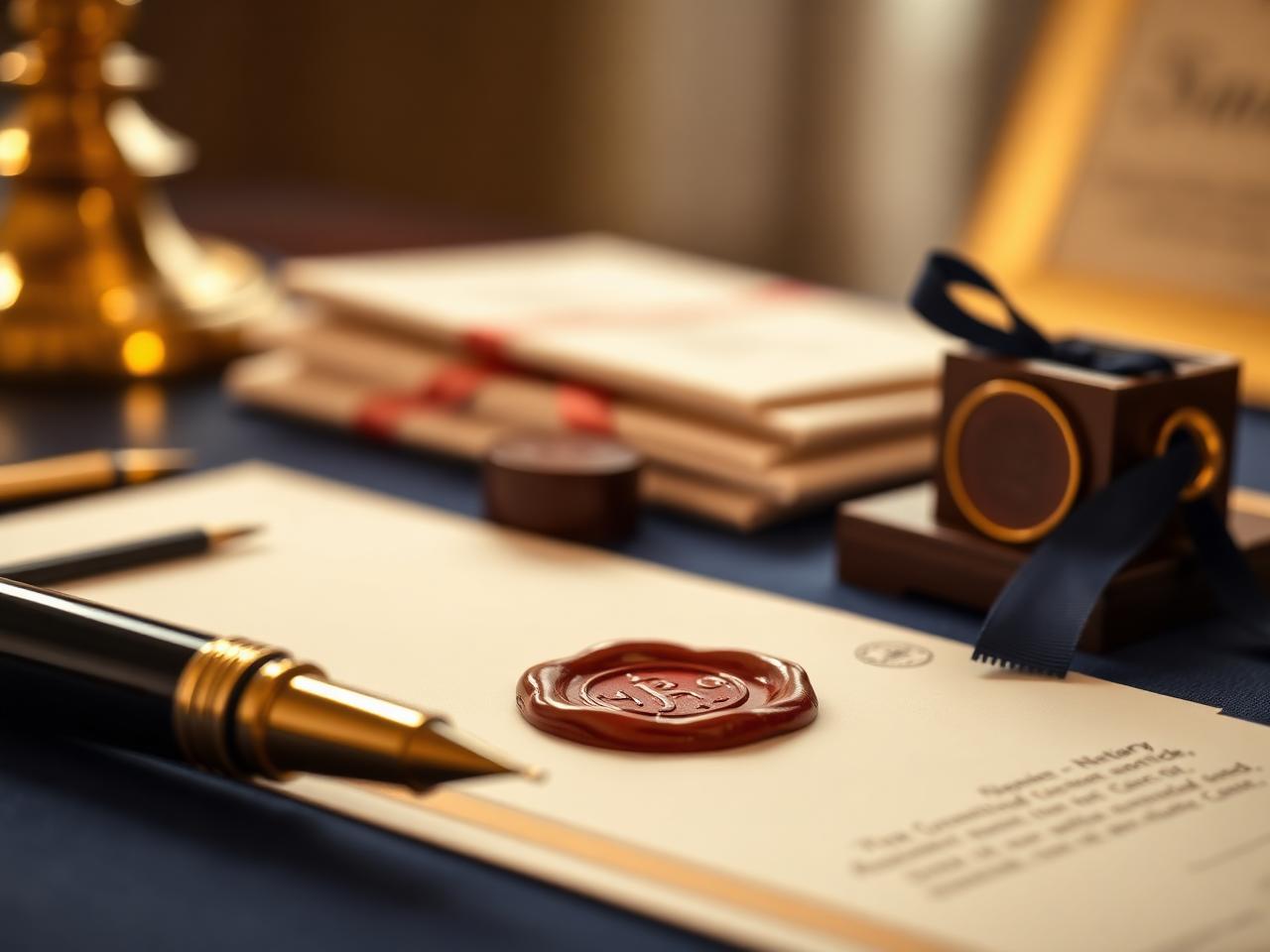 Detalii birou notarial: stilou, sigiliu și acte autentificate